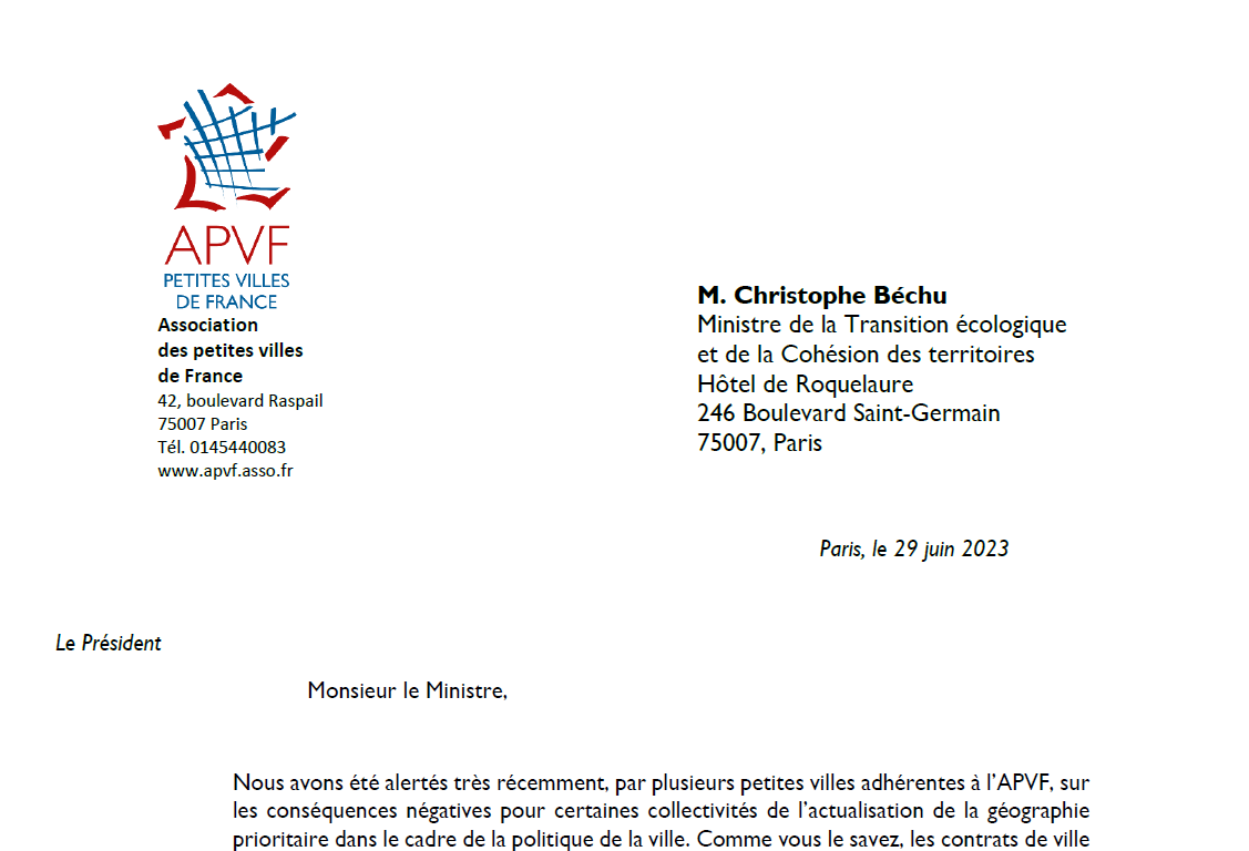 Révision des zonages de la politique de la ville : l'APVF interpelle Christophe Béchu